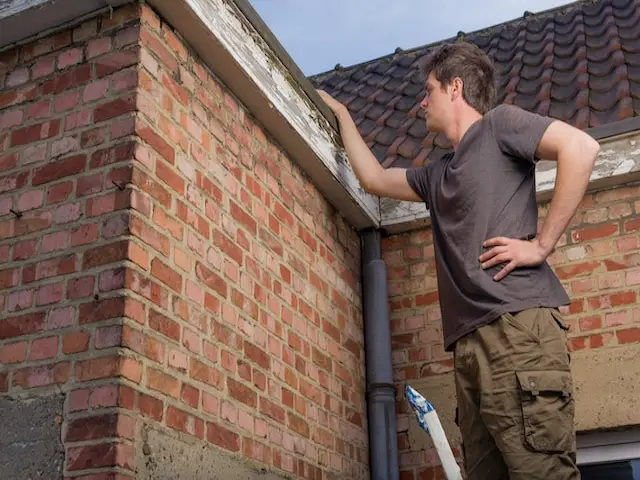 man checking roof on ladder
